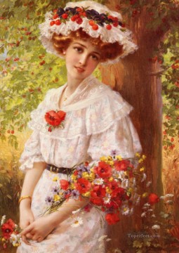 Under The Cherry Tree girl Emile Vernon Impressionism Flowers Oil Paintings